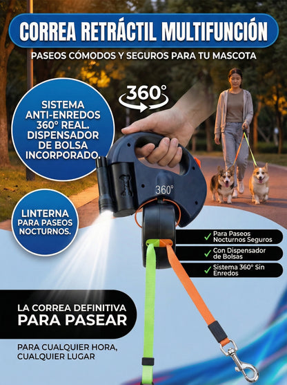 CORREA GIRATORIA DOBLE ANTIENREDOS PARA PERROS – 3 METROS | URBANDOG™