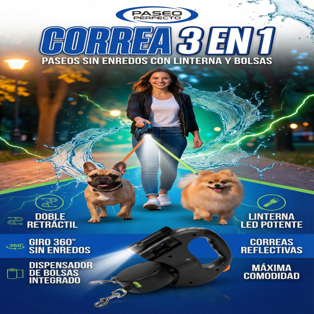 CORREA GIRATORIA DOBLE ANTIENREDOS PARA PERROS – 3 METROS | URBANDOG™