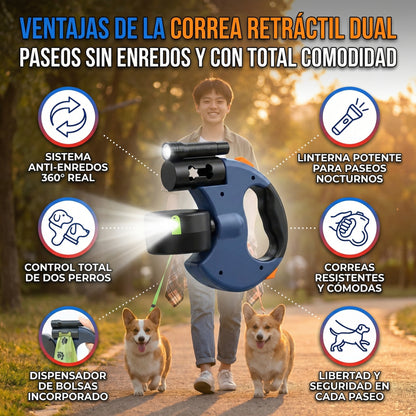 CORREA GIRATORIA DOBLE ANTIENREDOS PARA PERROS – 3 METROS | URBANDOG™